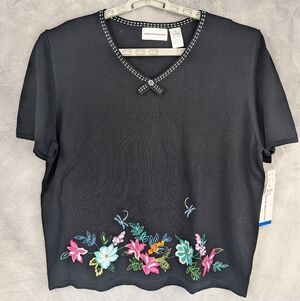 Alfred Dunner Size XL Black Sweater Embroidered Bright Florals NWT